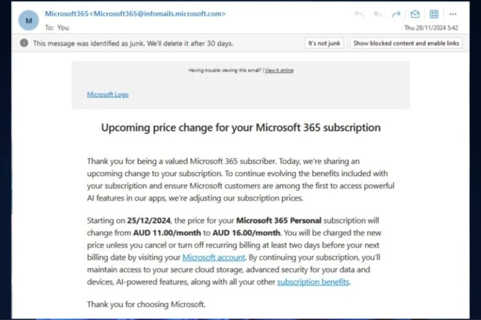 microsoft emails junk