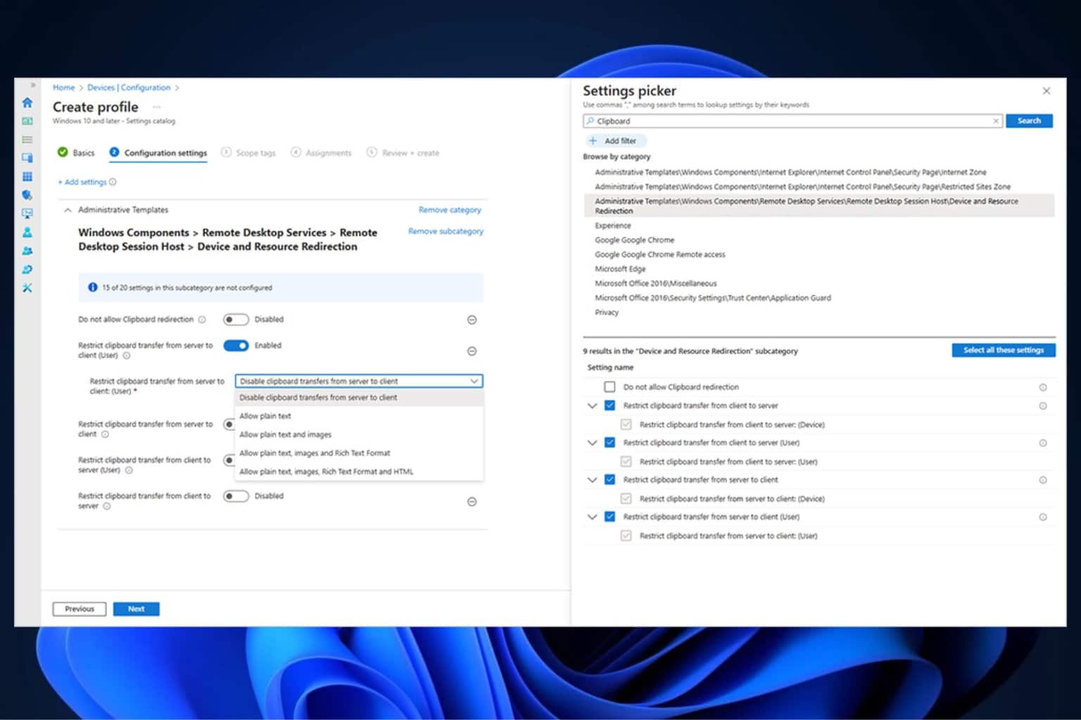 azure virtual desktop unidirectional clipboard